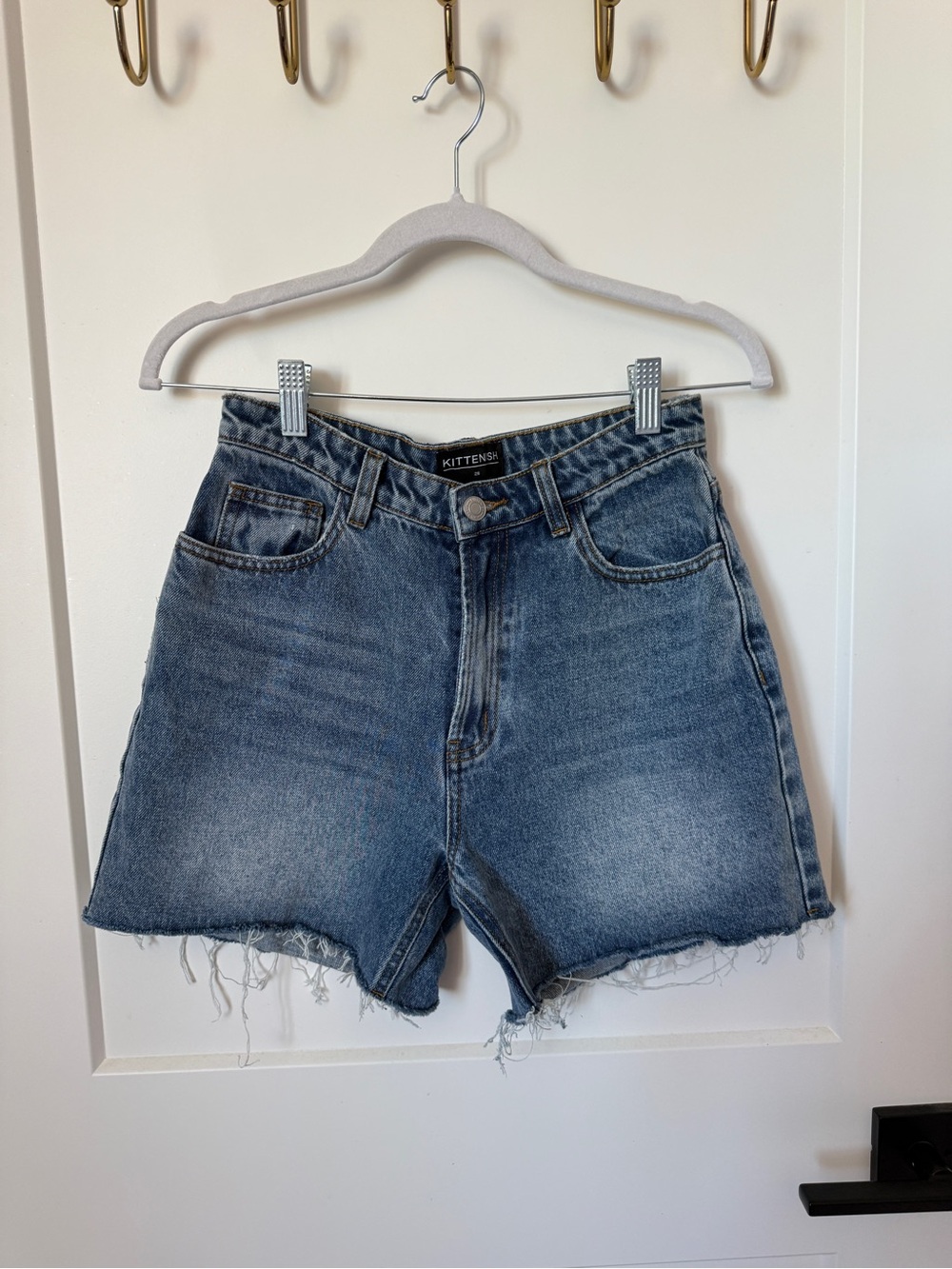 Kittenish Washed Blue High-Rise Frayed Hem Jean Shorts
